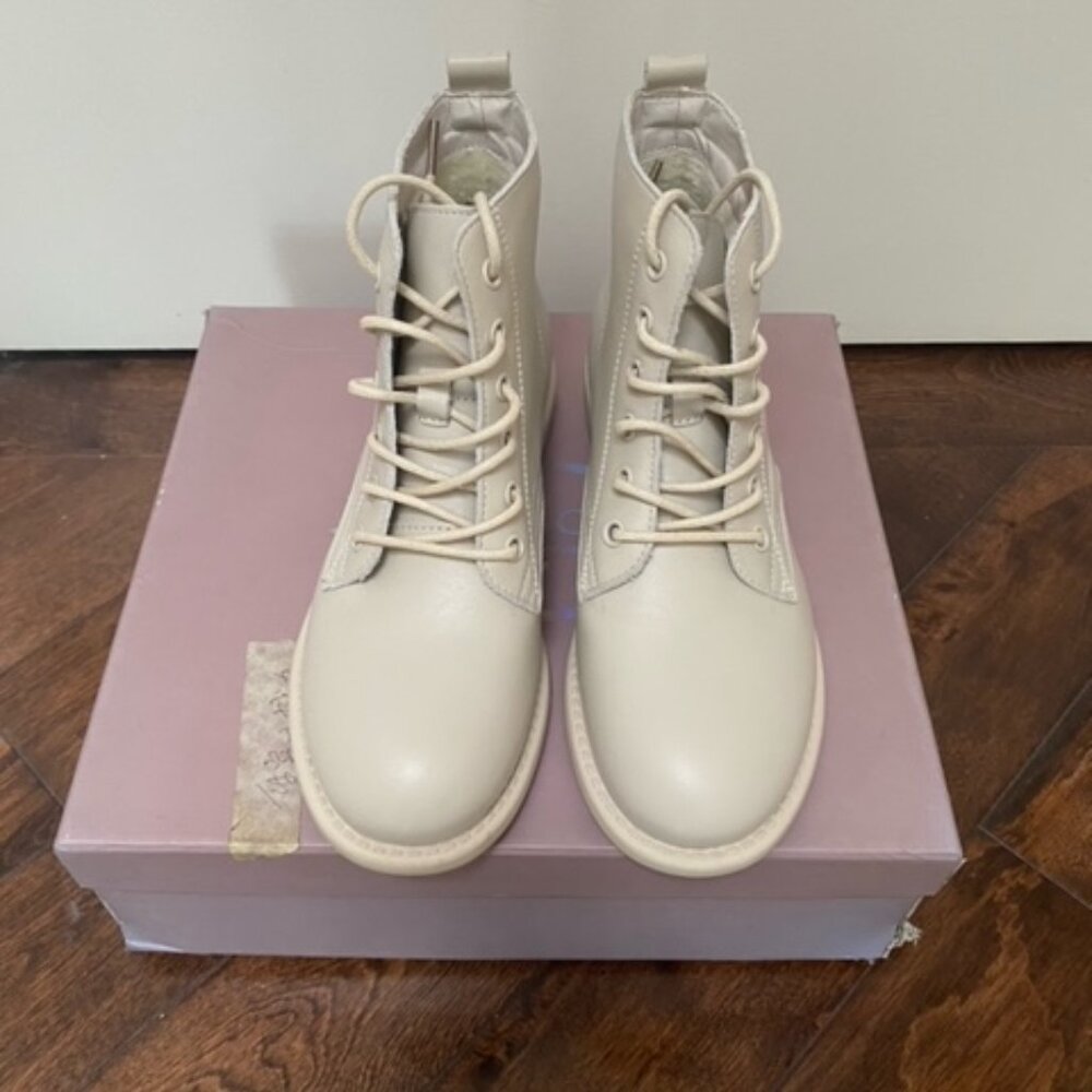 New Women's Fashionable Ivory White Leather Low Heel Flat Ankle Boots Booties